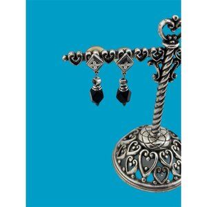Brighton Black Onyx Crystal Silver Plate Cross Pattern Dangle Post Earrings VTG.